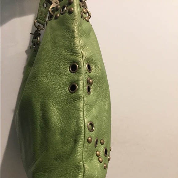 Hobo leather bag, green, tote, brass accents - Picture 3 of 8